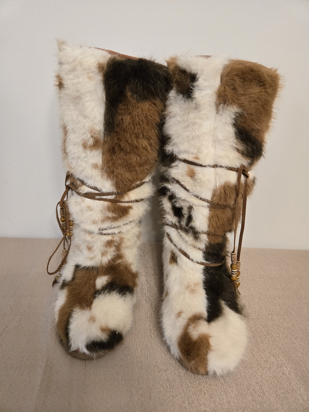 Women’s Faux Fur Tall Boots Size 8 Brown Black Cream Boho Statement Boots
